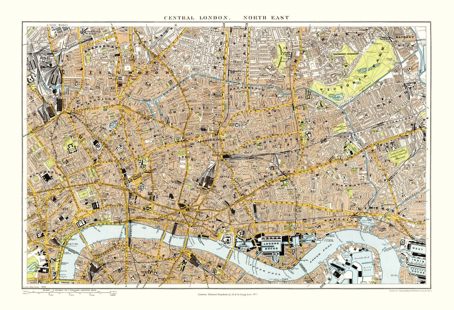 Vintage Map of Central and Northeast London, England, 1904