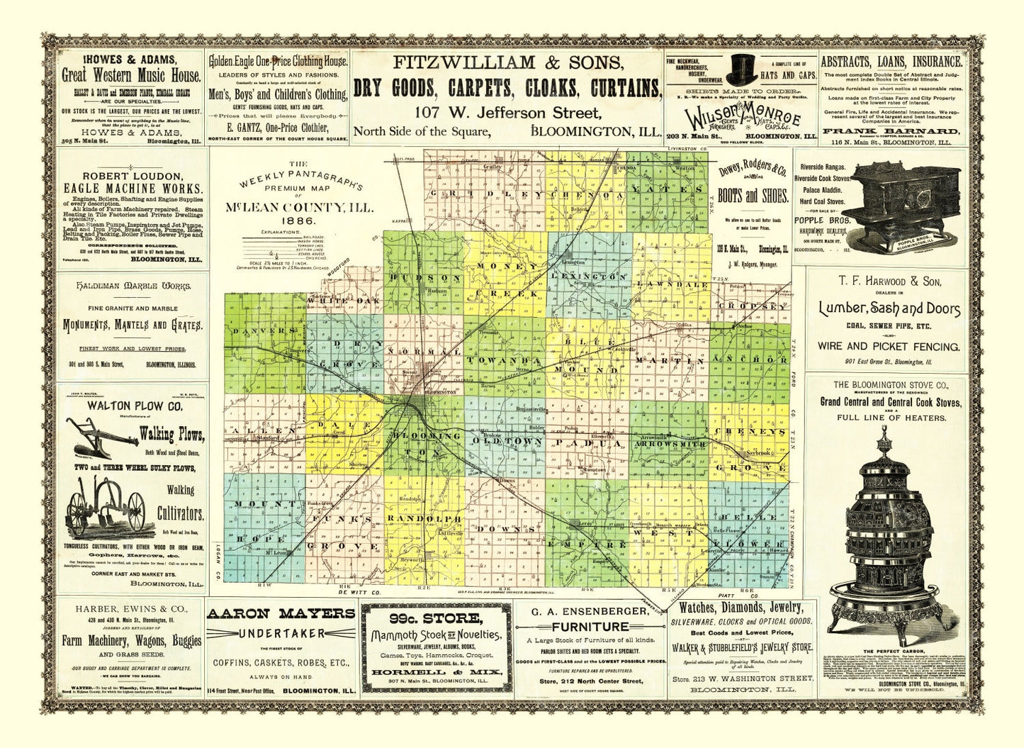 Vintage Map of McLean County, Illinois, 1886