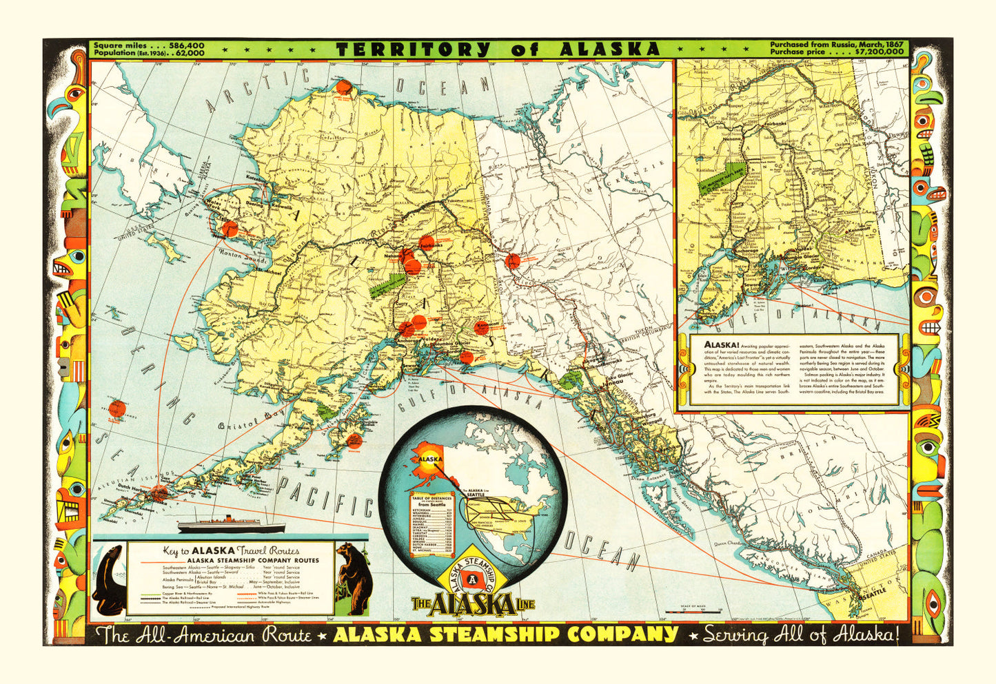 Vintage Map of Alaska, 1936