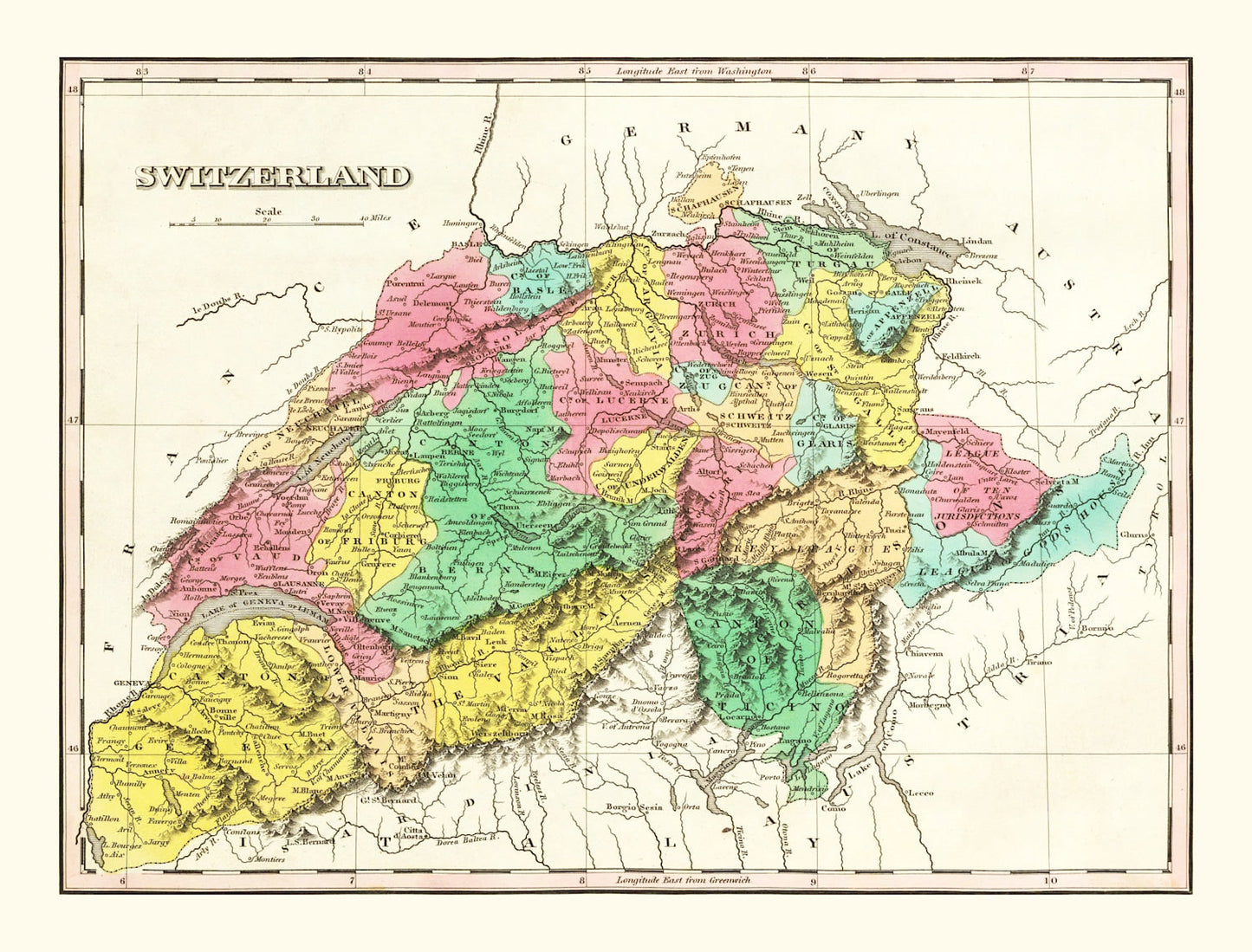 Vintage Map of Switzerland, 1831