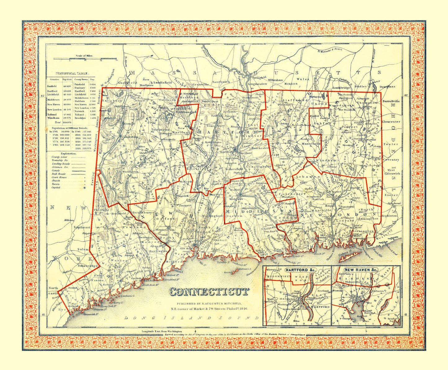 Vintage Map of Connecticut, 1846