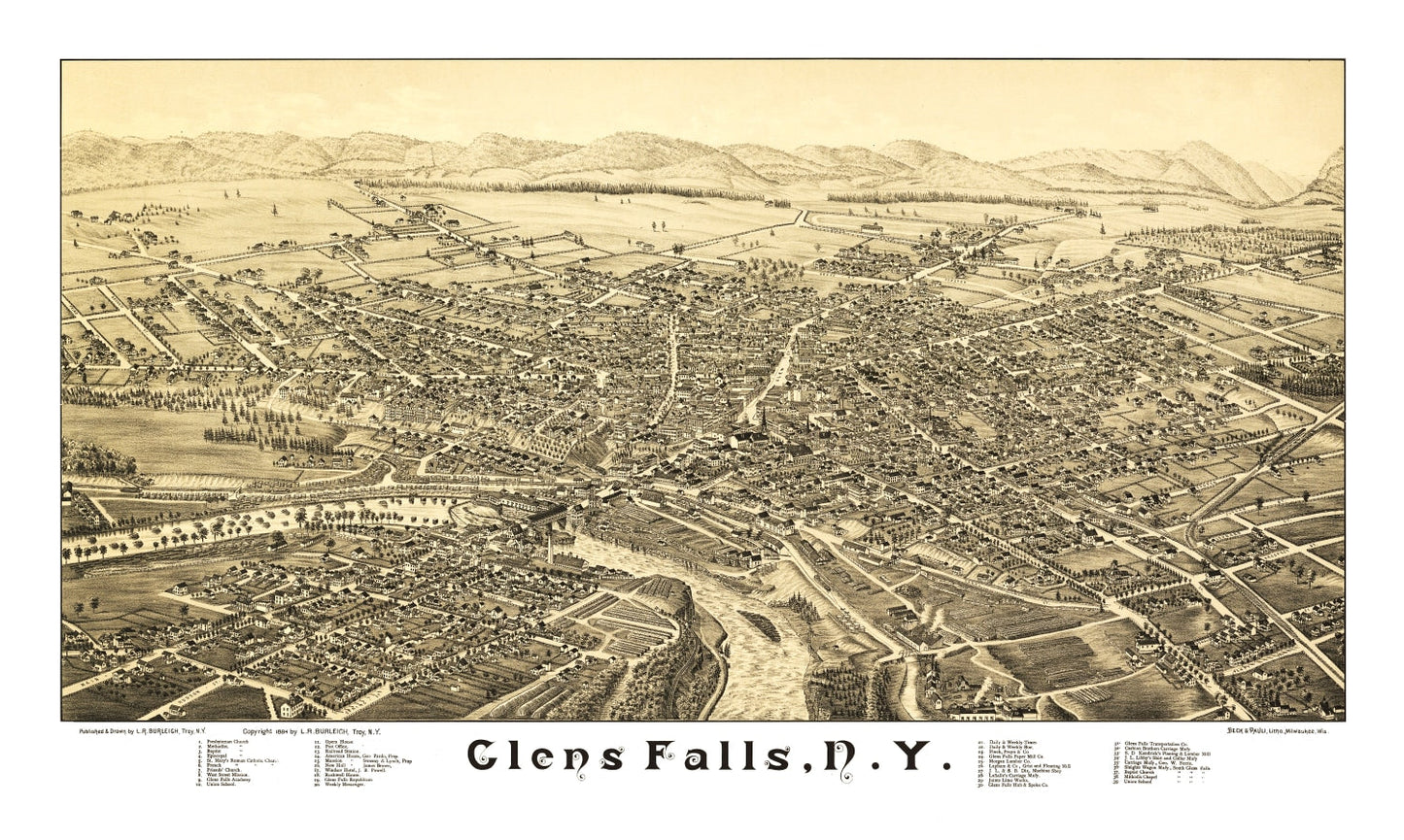 Vintage Map of Glens Falls, New York, 1884