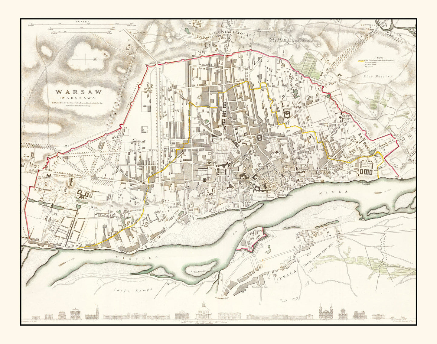 Vintage Map of Warsaw, Poland, 1831