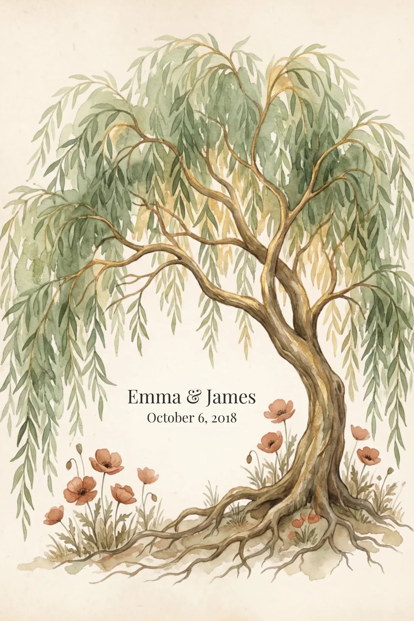 Willow tree 9th anniversary artwork with couple names and date, 2:3 ratio artwork for framed prints