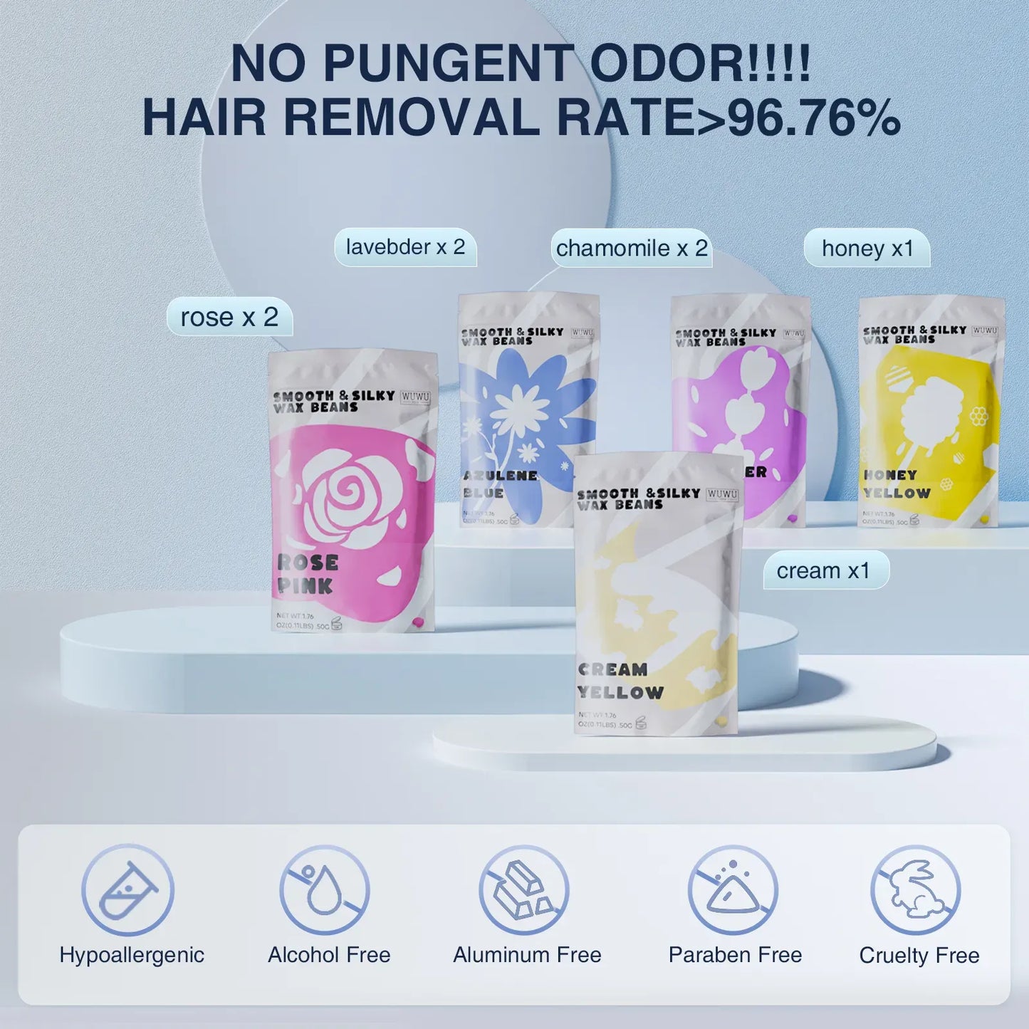 Collection of hair removal products with labels and text on a light blue background