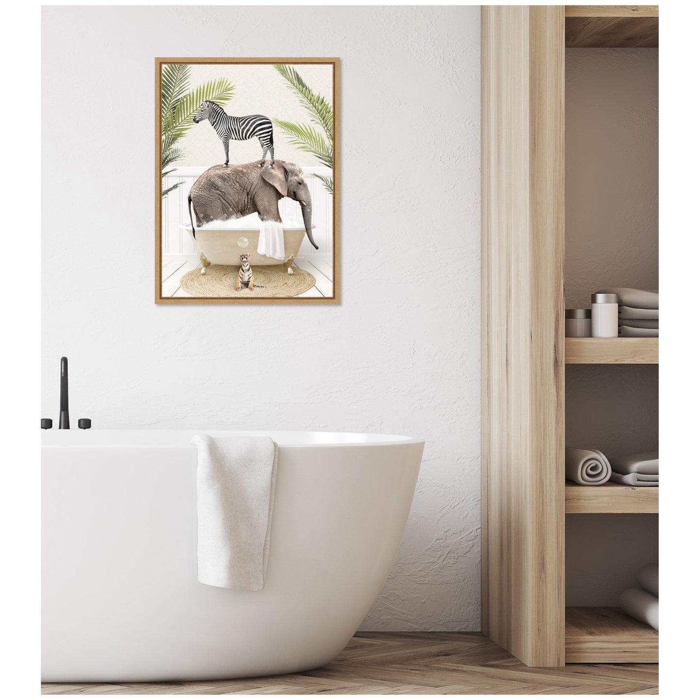 Safari Animals in Palm Bath Framed Canvas Wall Art