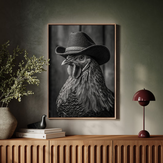 The Rooster Sheriff - Black and White Farmhouse Art