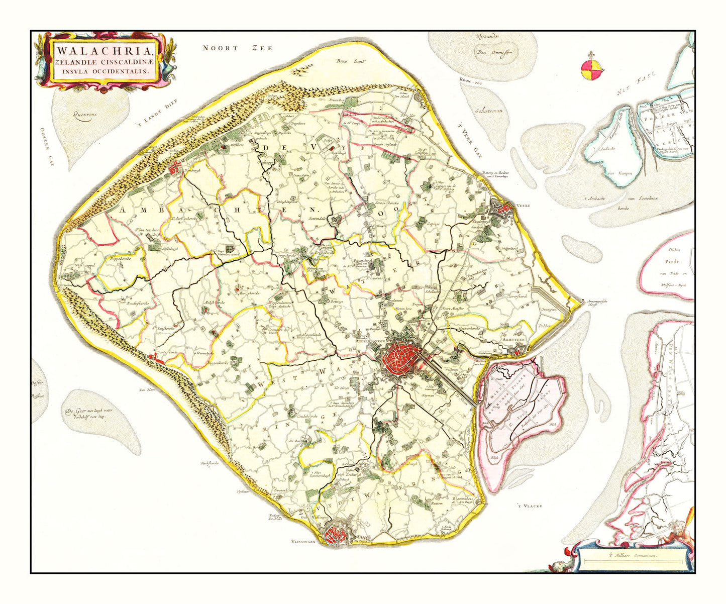 Vintage Map of Walcheren, Holland, 1665