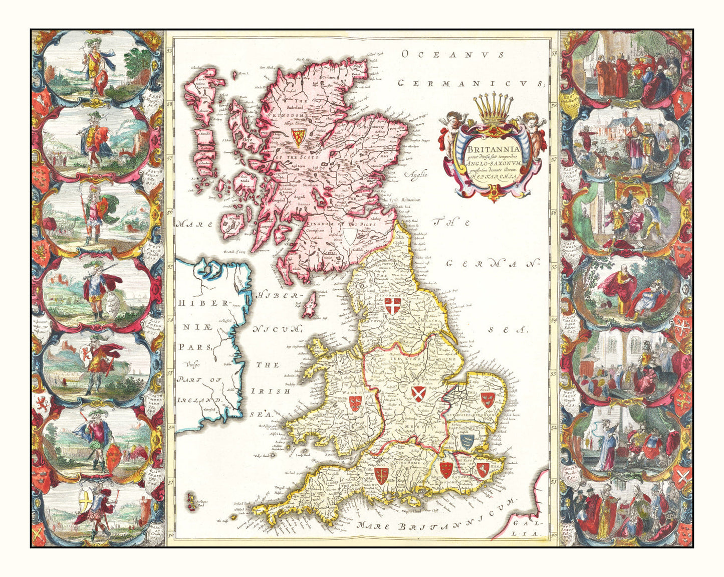 Vintage Map of the Saxon Kingdoms of Britain, 1665