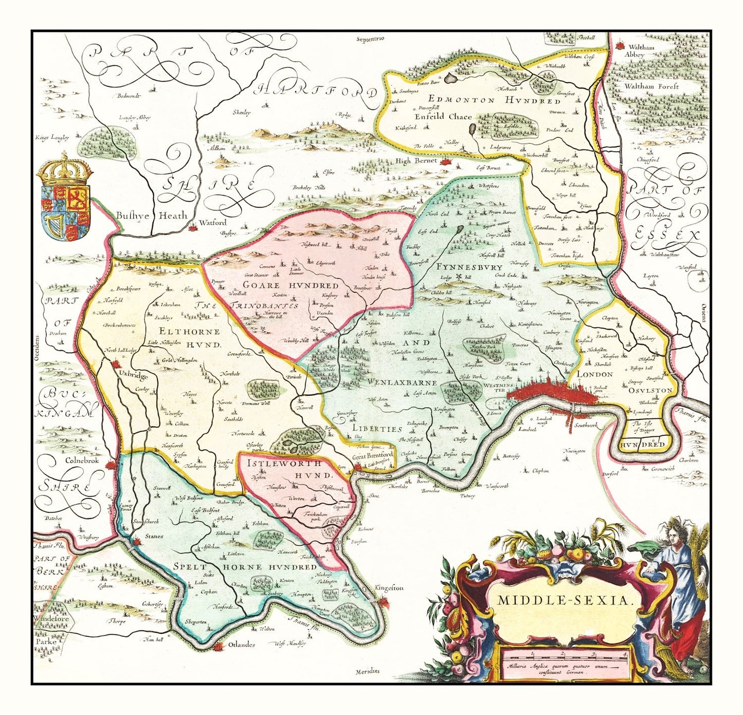 Vintage Map of Middlesex, England, 1665