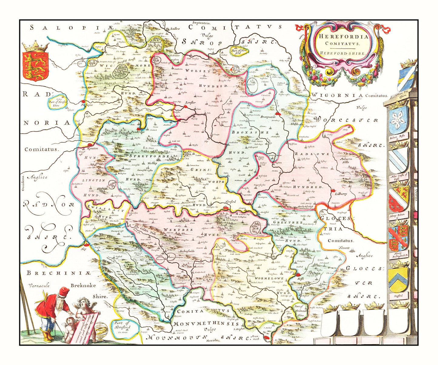 Vintage Map of Herefordshire, England, 1665