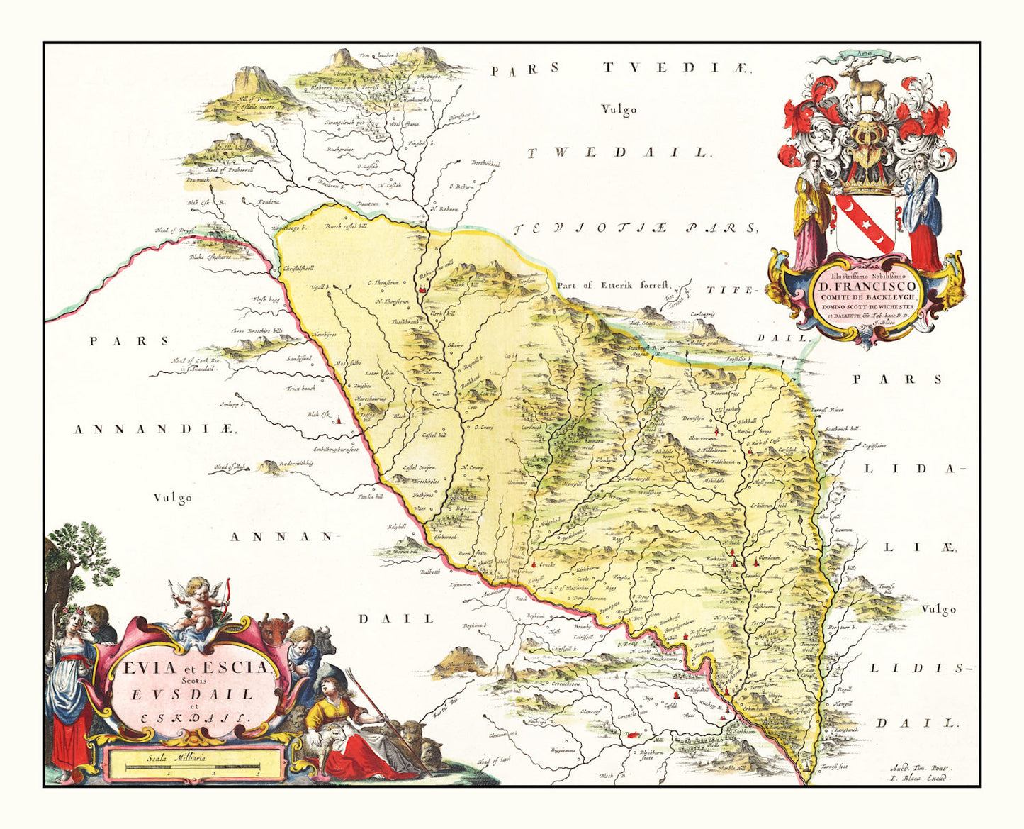 Vintage Map of Eskdale, Scotland, 1665