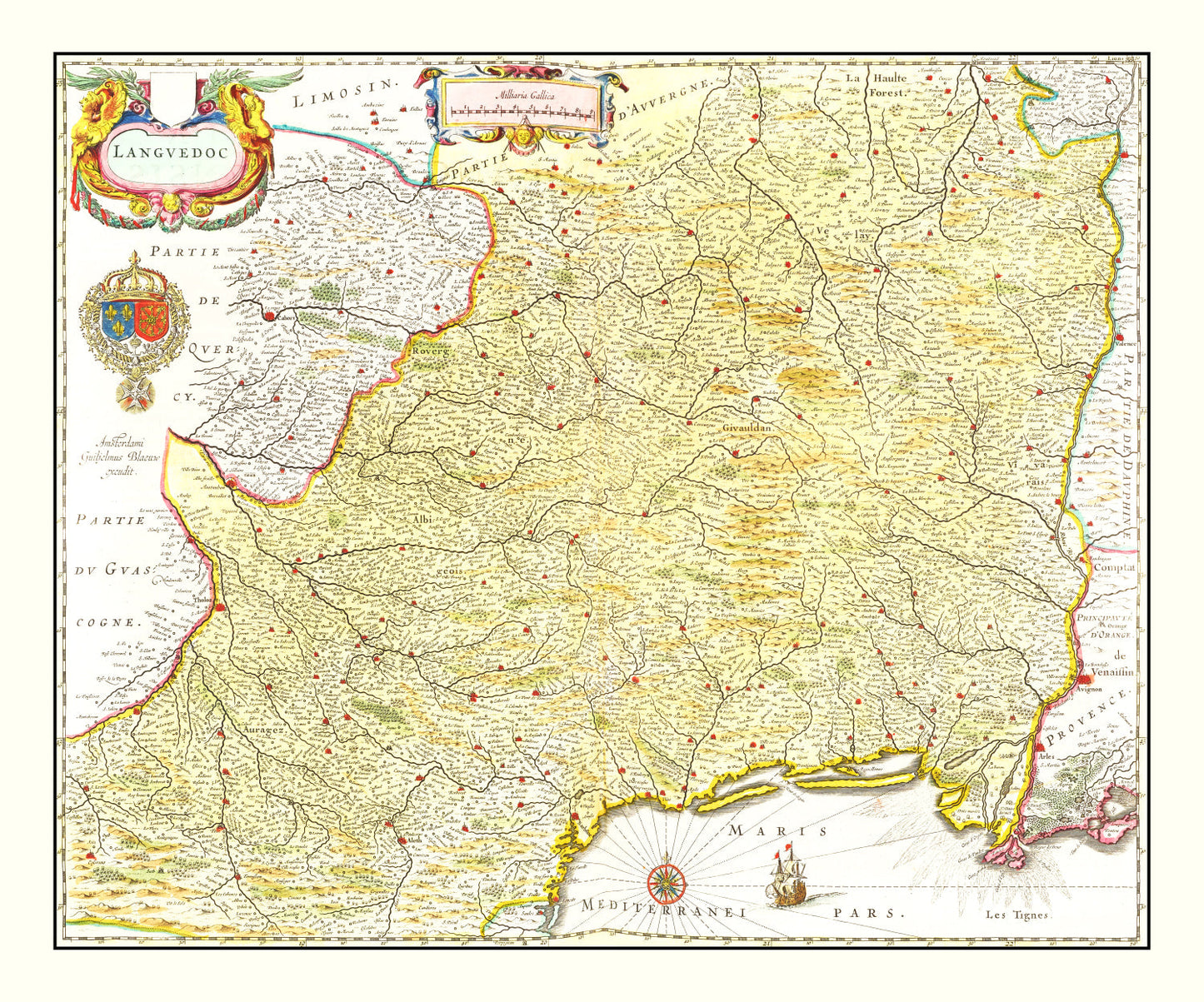 Vintage Map of Languedoc, France, 1665