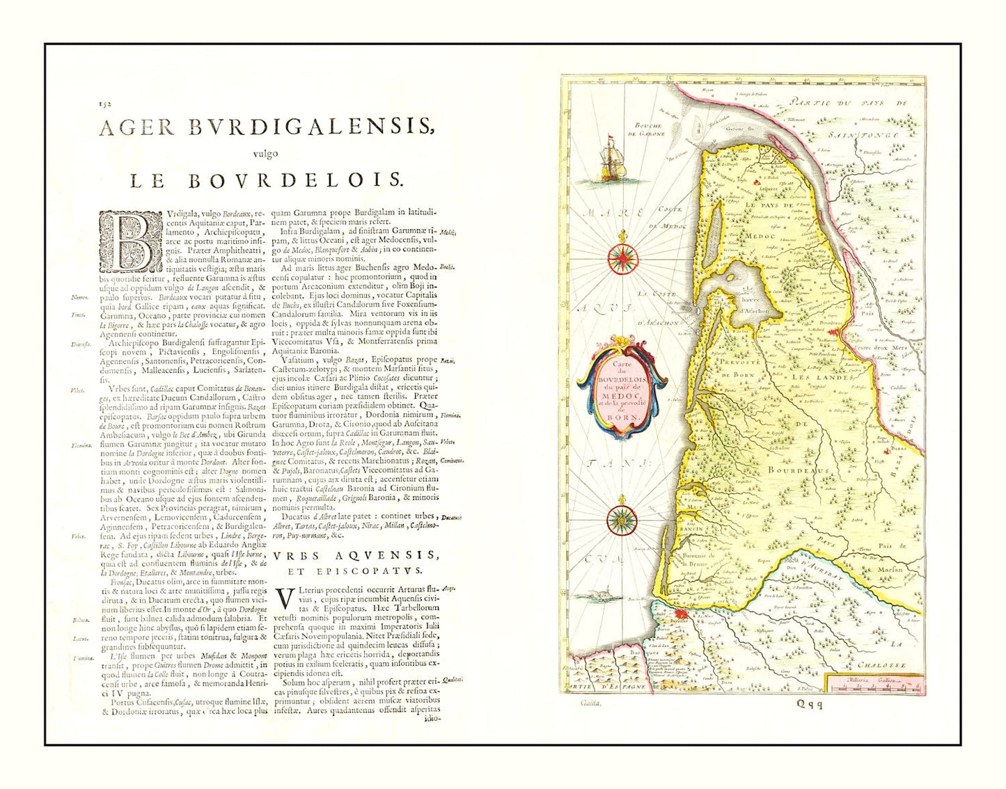 Vintage Map of Bordeaux, France, 1665