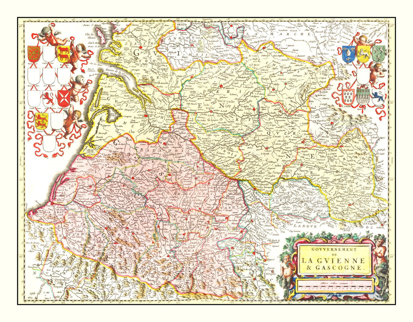 Vintage Map of Gascony, France, 1665