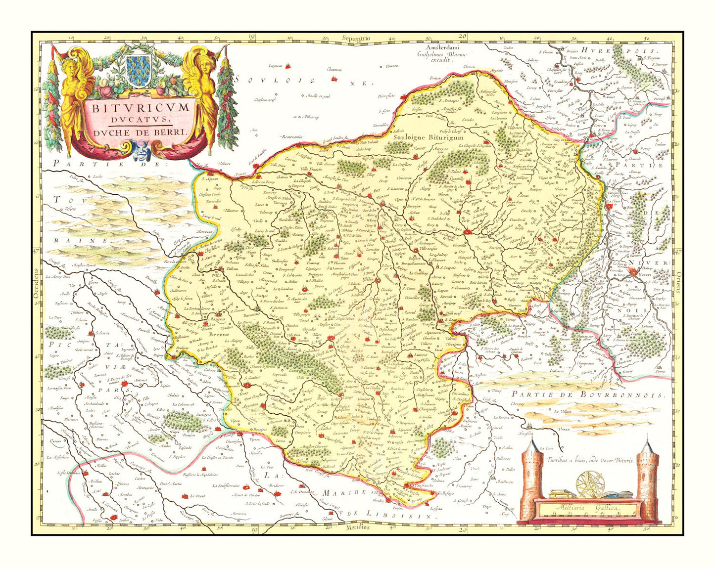 Vintage Map of Bourges and Nevers, France 1665