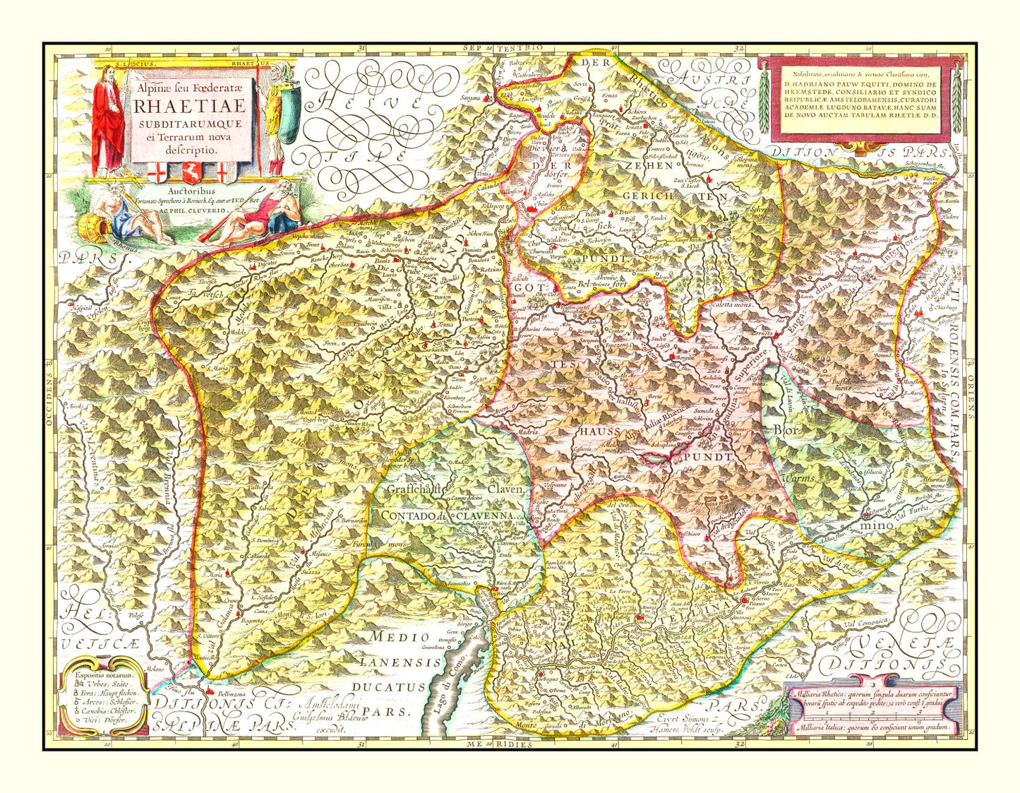 Vintage Map of Rhaetia, Switzerland, 1665