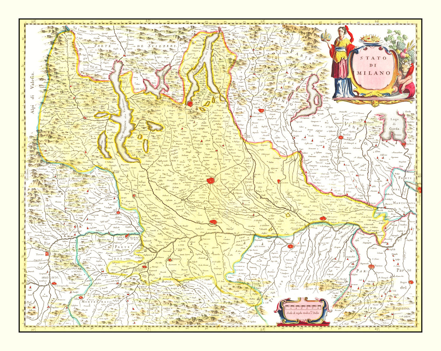Vintage Map of Milan, Italy, 1665