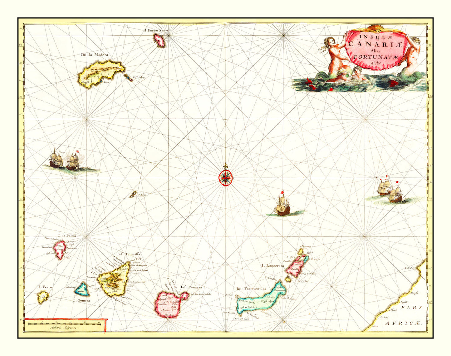Vintage Map of the Canary Islands, Spain, 1665 Wall Art
