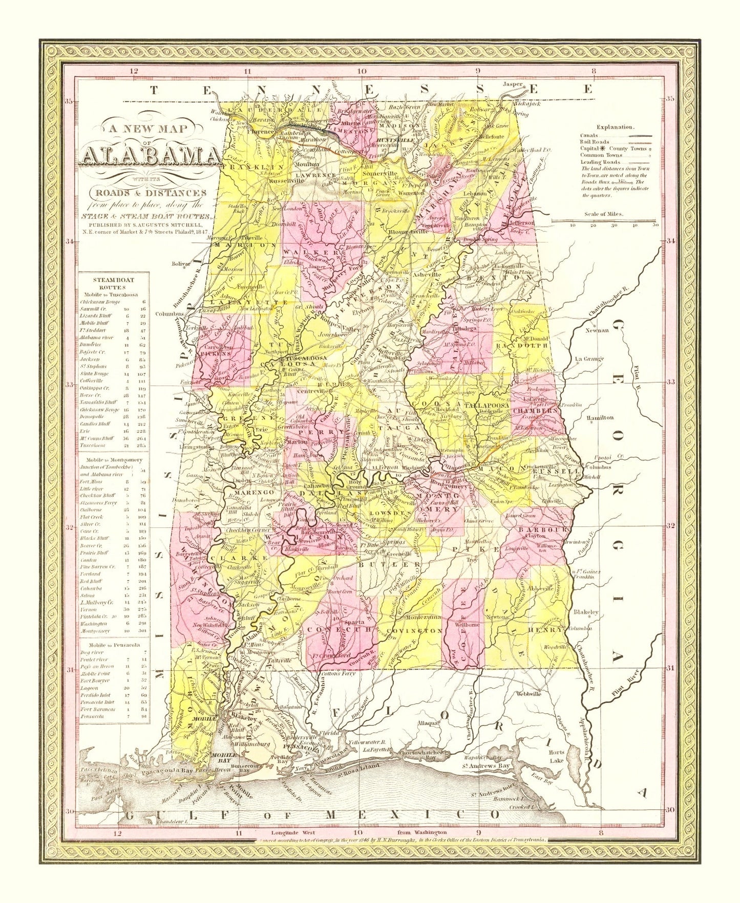 Vintage Map of Alabama, 1847