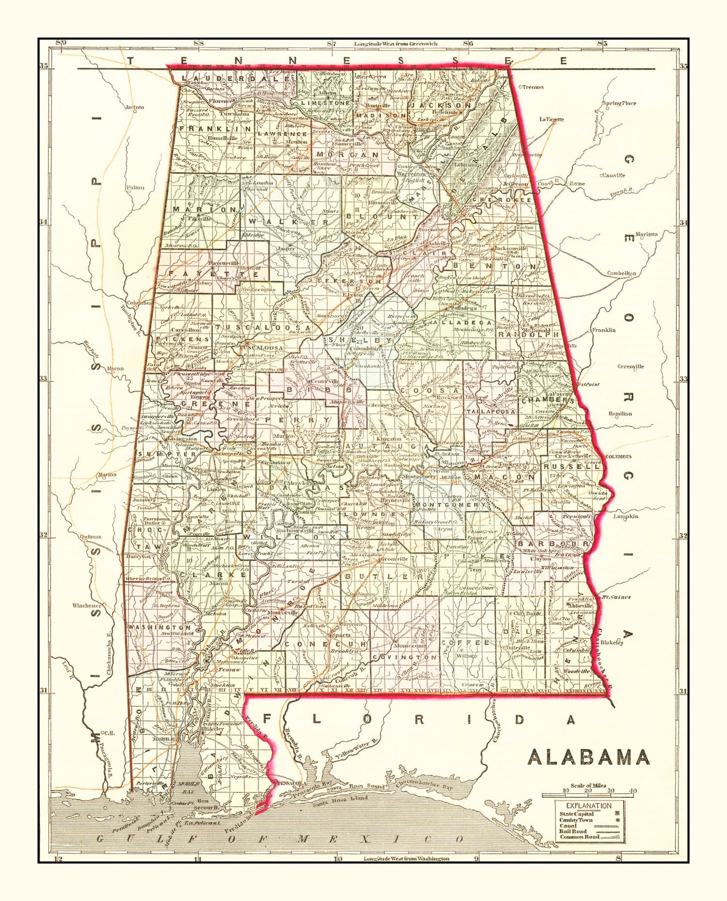 Vintage Map of Alabama, 1856