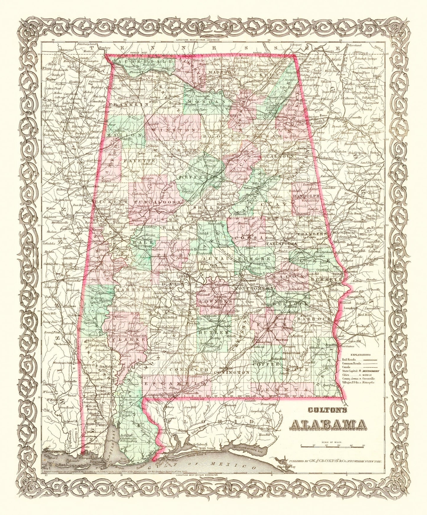 Vintage Map of Alabama, 1871