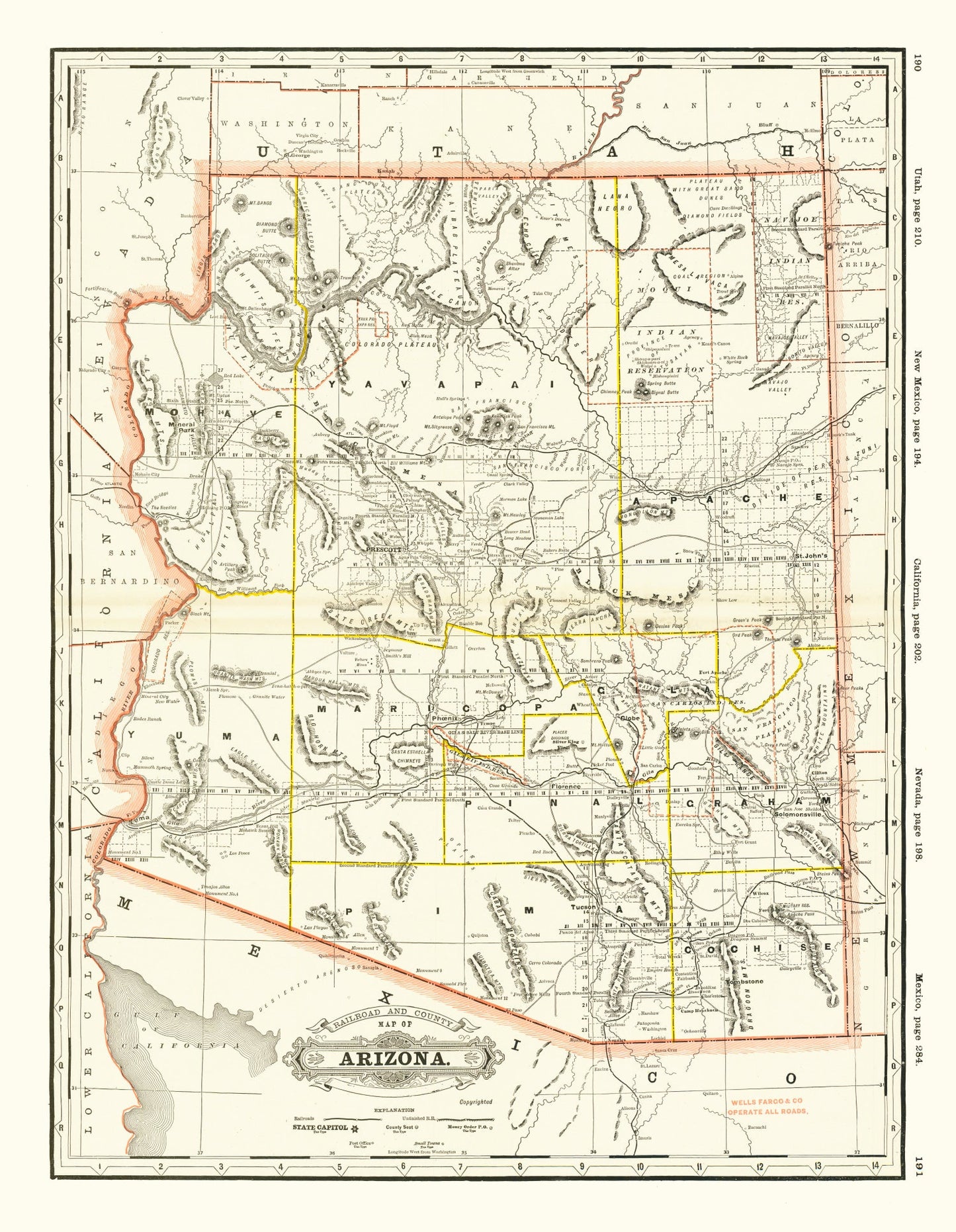Vintage Arizona Railroad Map, 1886
