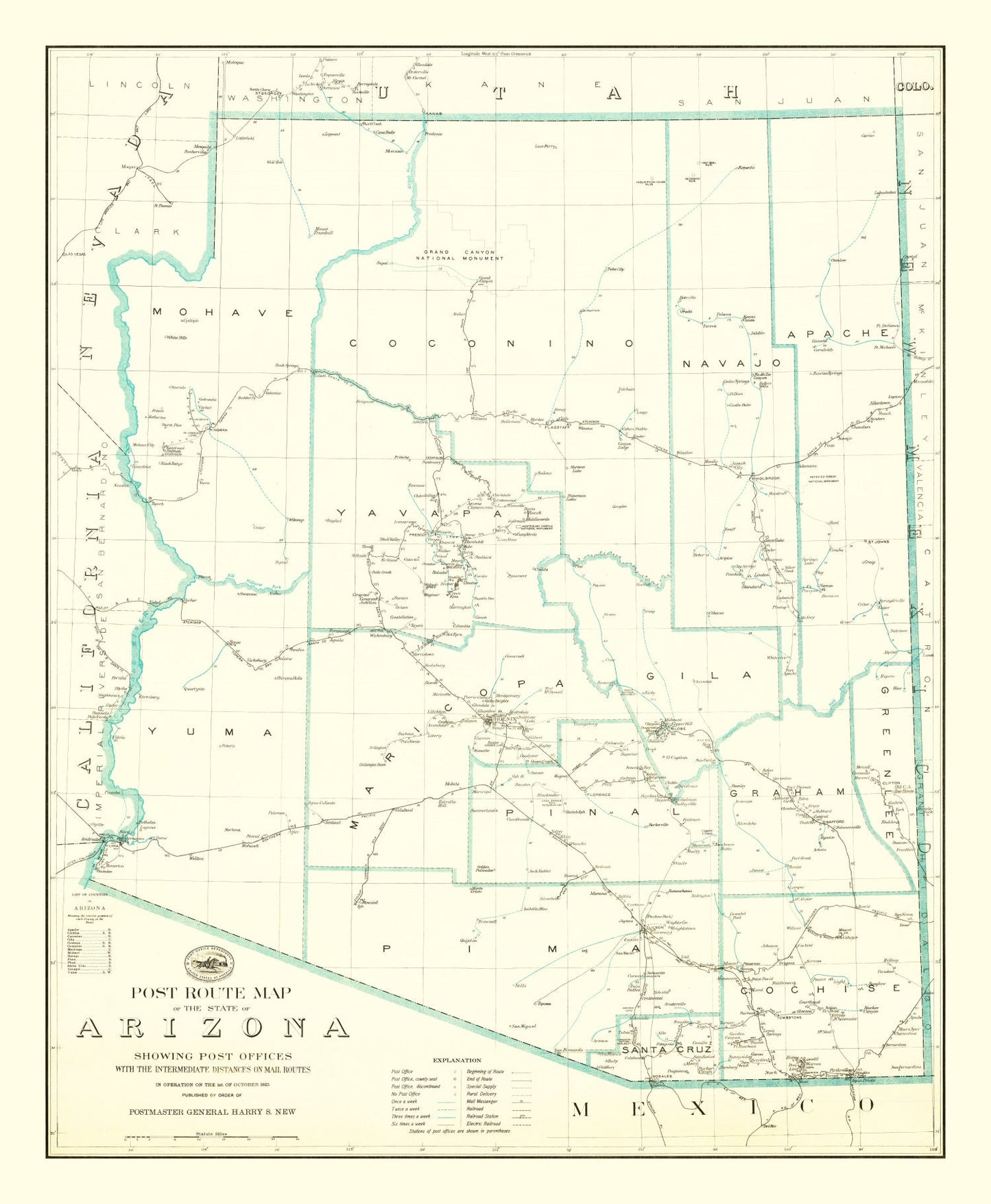 Vintage Arizona Post Route Map, 1925