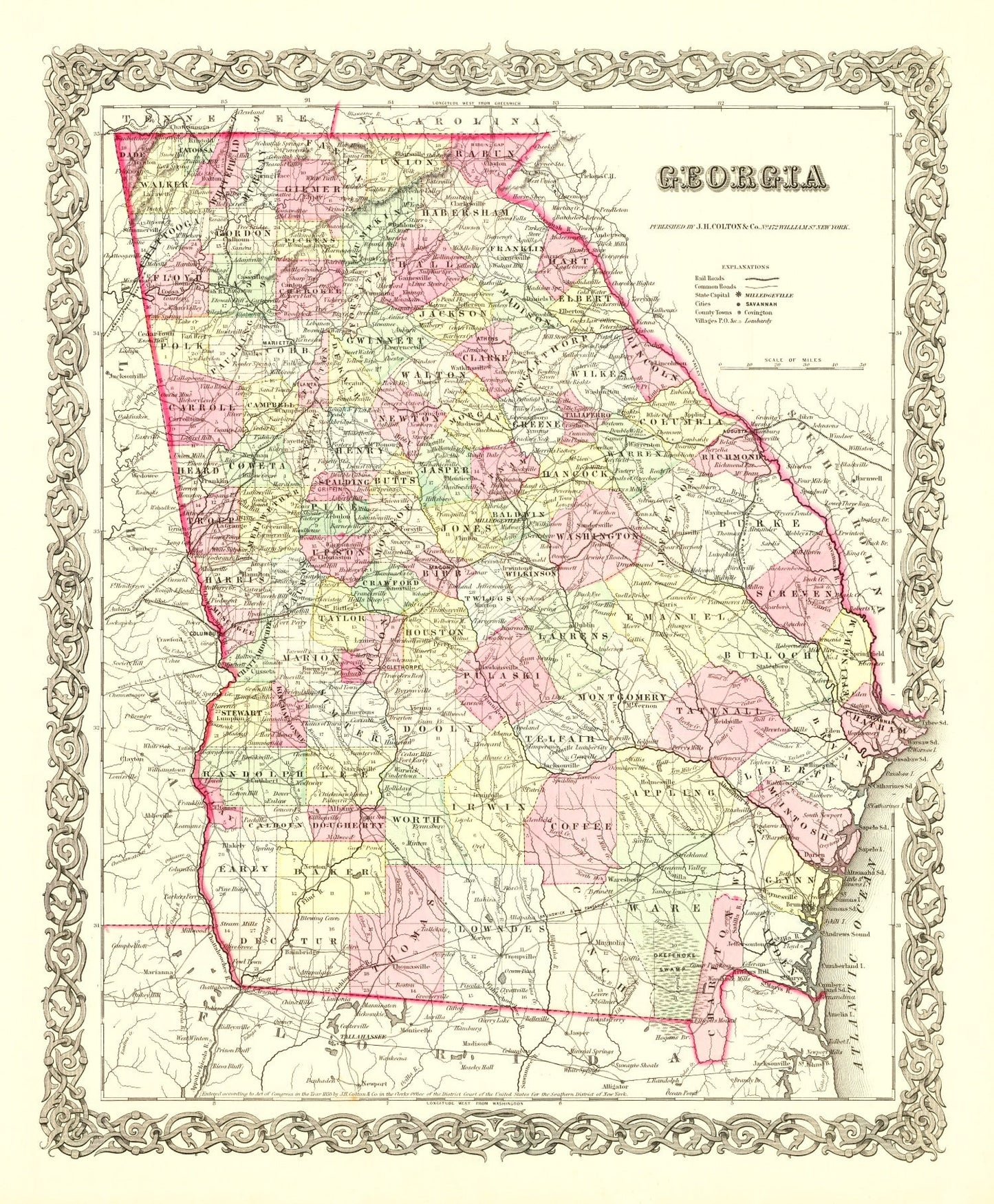 Vintage Map of Georgia, 1855