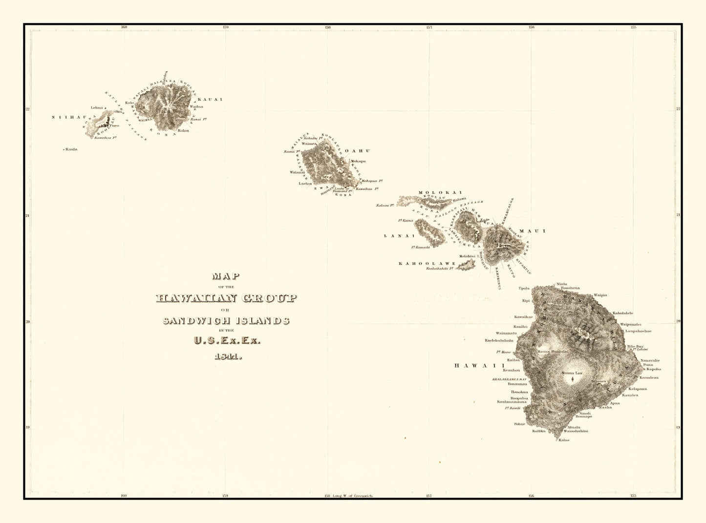 Vintage Map of Hawaii, 1845