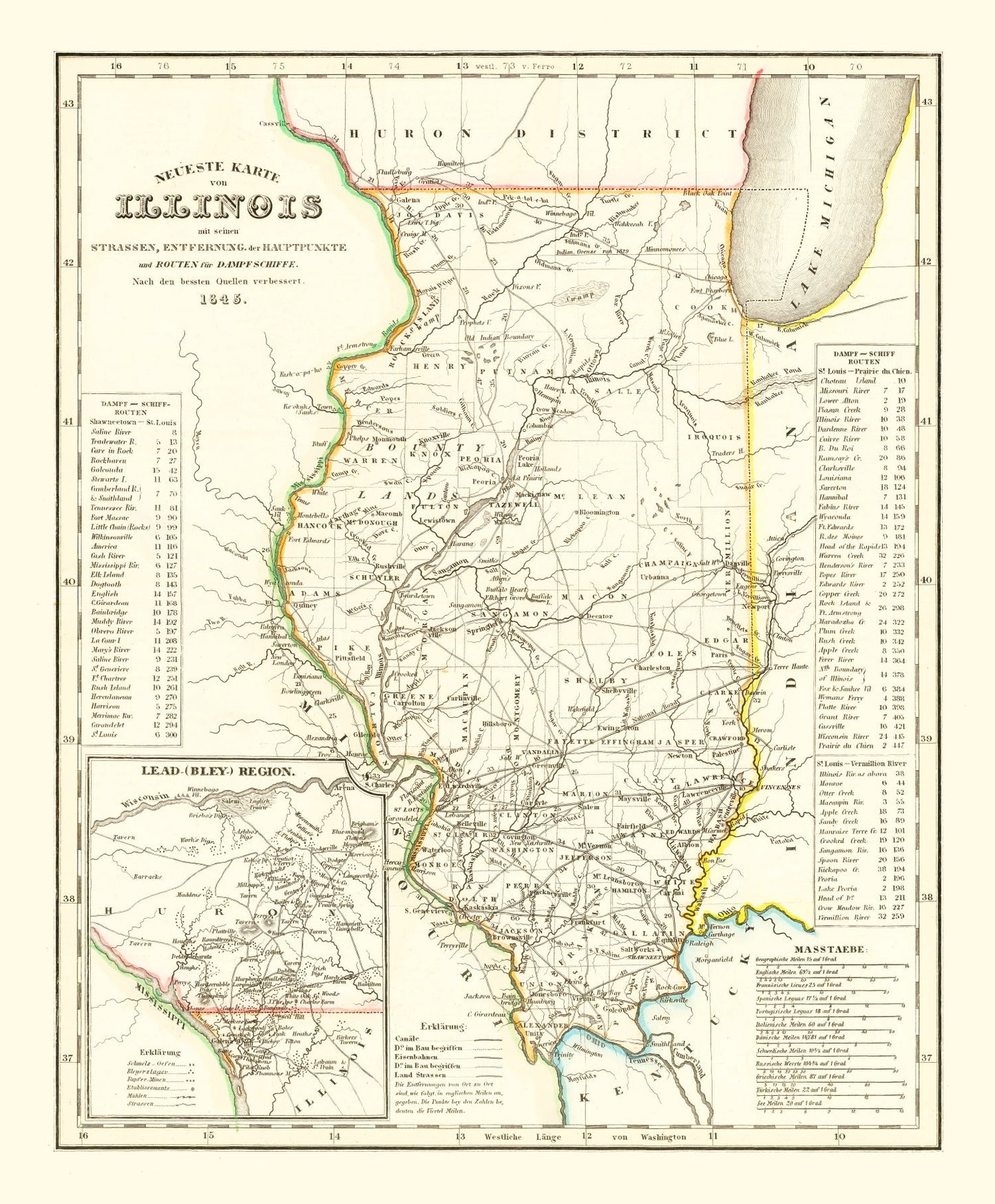 Vintage Map of Illinois, 1845