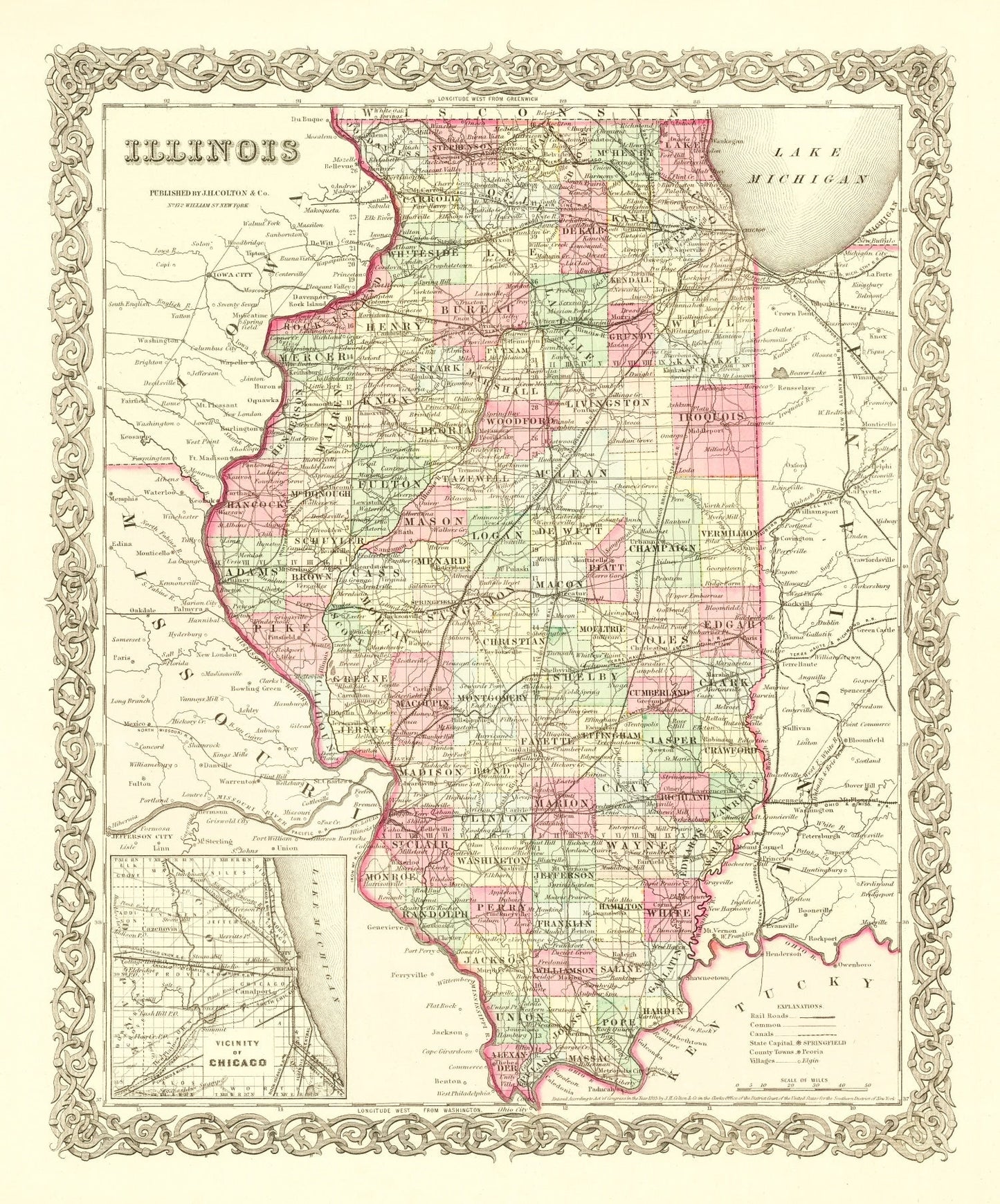 Vintage Map of Illinois, 1855