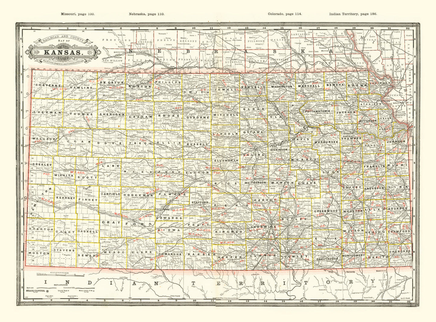 Vintage Railroad Map of Kansas, 1888
