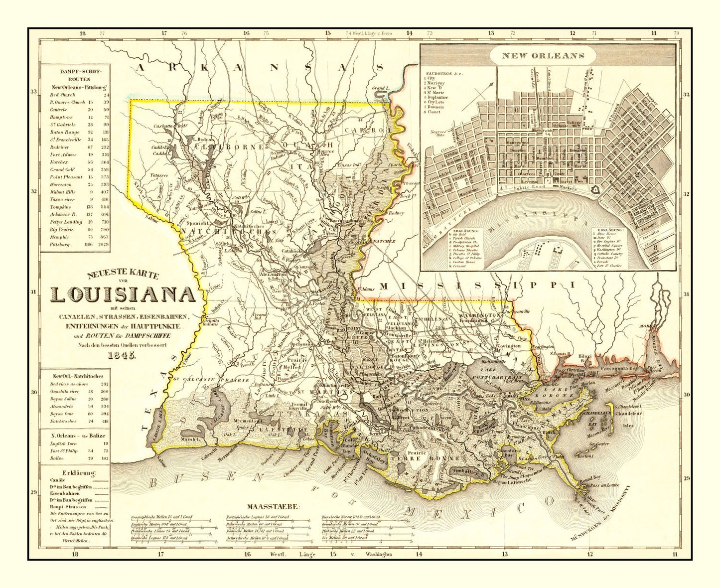 Vintage Map of Louisiana, 1845