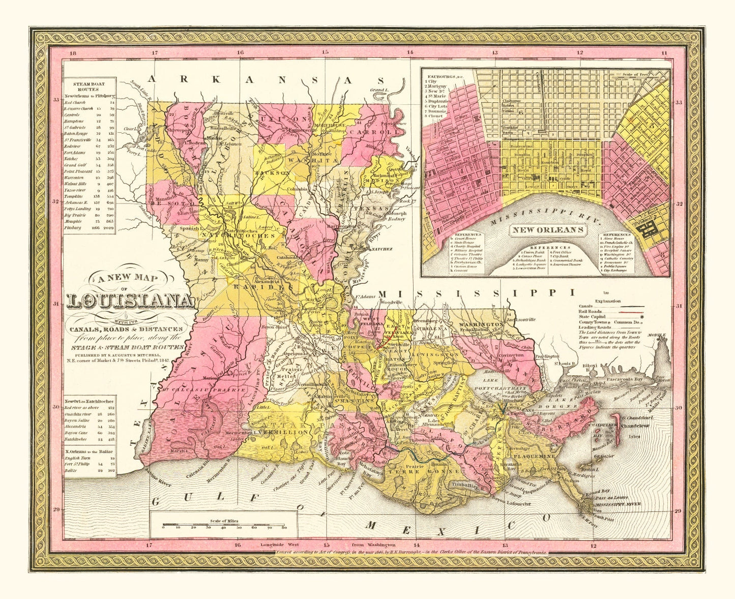 Vintage Map of Louisiana, 1847