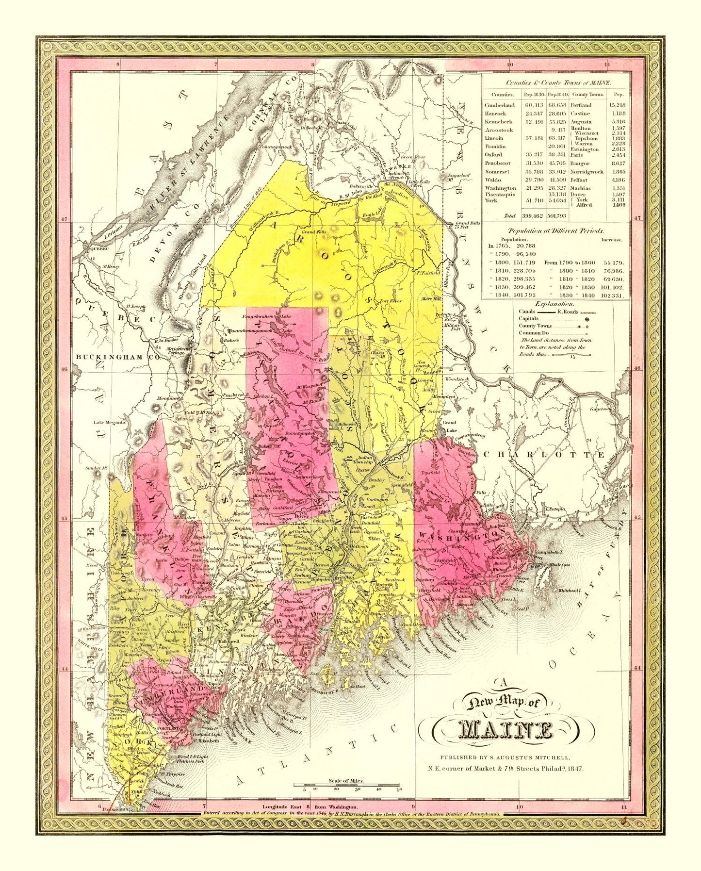 Vintage Map of Maine, 1847