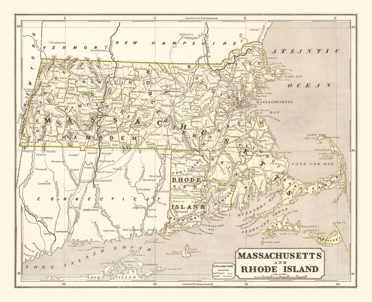 Vintage Map of Massachusetts, 1842