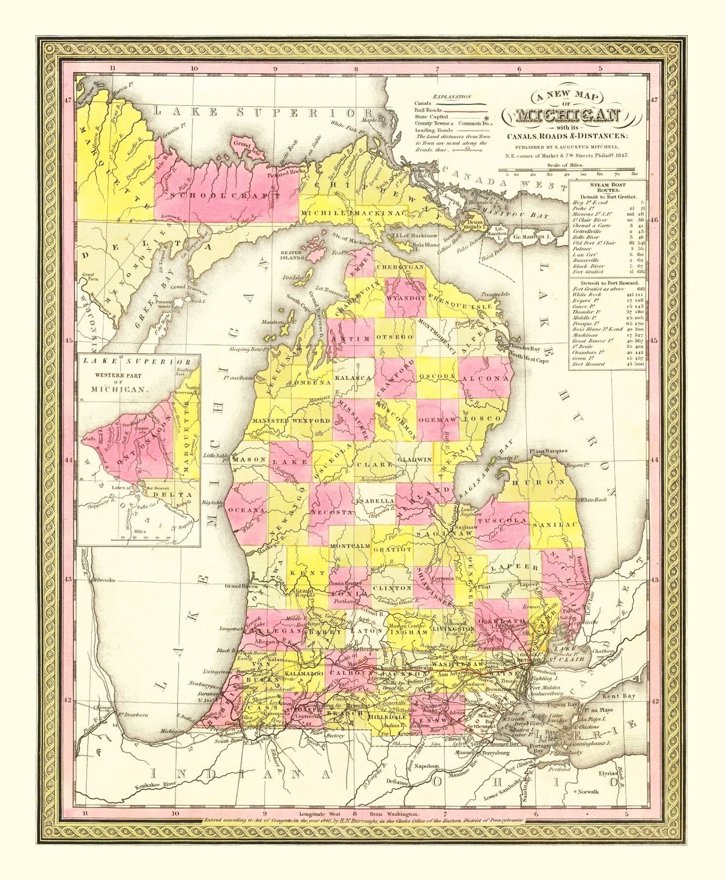 Vintage Map of Michigan, 1847