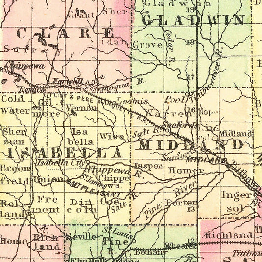 Vintage Map of Michigan, 1875
