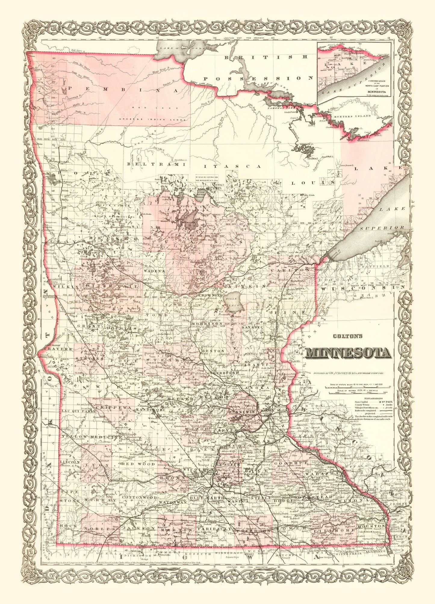 Vintage Map of Minnesota, 1873