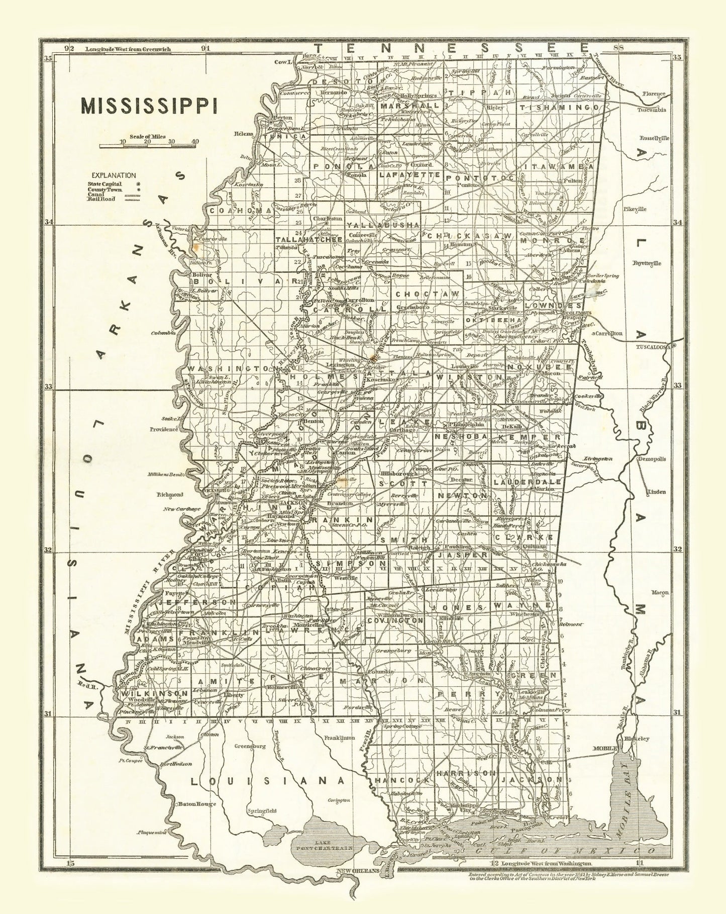 Vintage Map of Mississippi, 1842