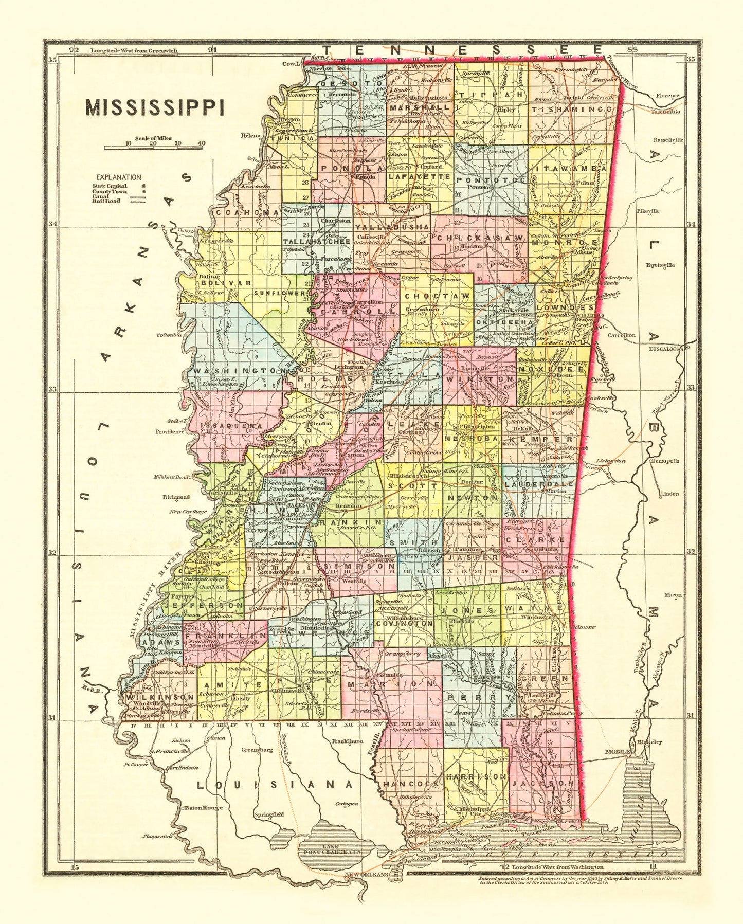 Vintage Map of Mississippi, 1856