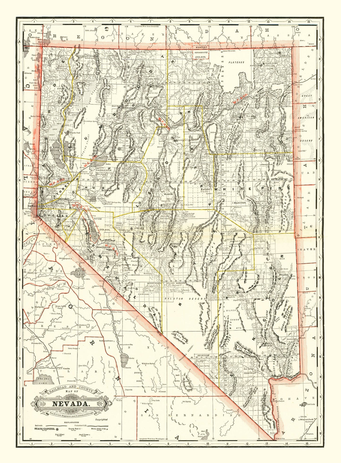 Vintage Railroad Map of Nebraska, 1884