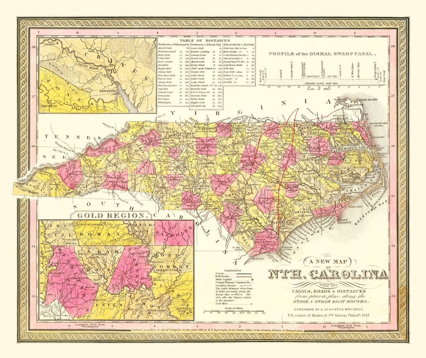 Vintage Map of North Carolina, 1847