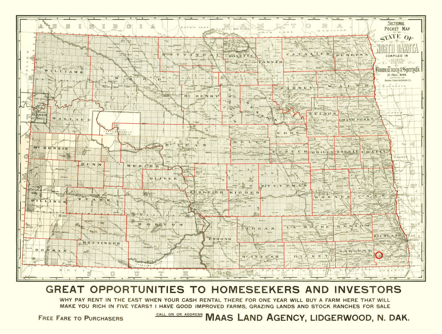 Vintage Map of North Dakota, 1902
