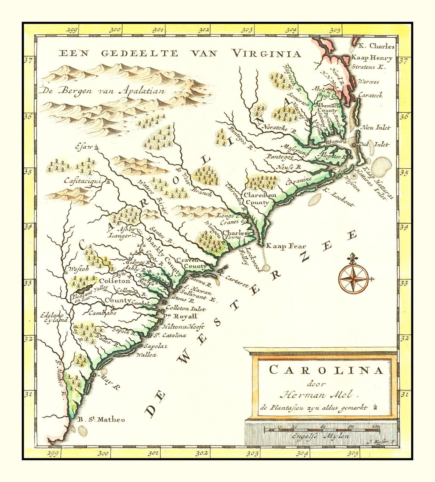 Vintage Map of South Carolina, 1721
