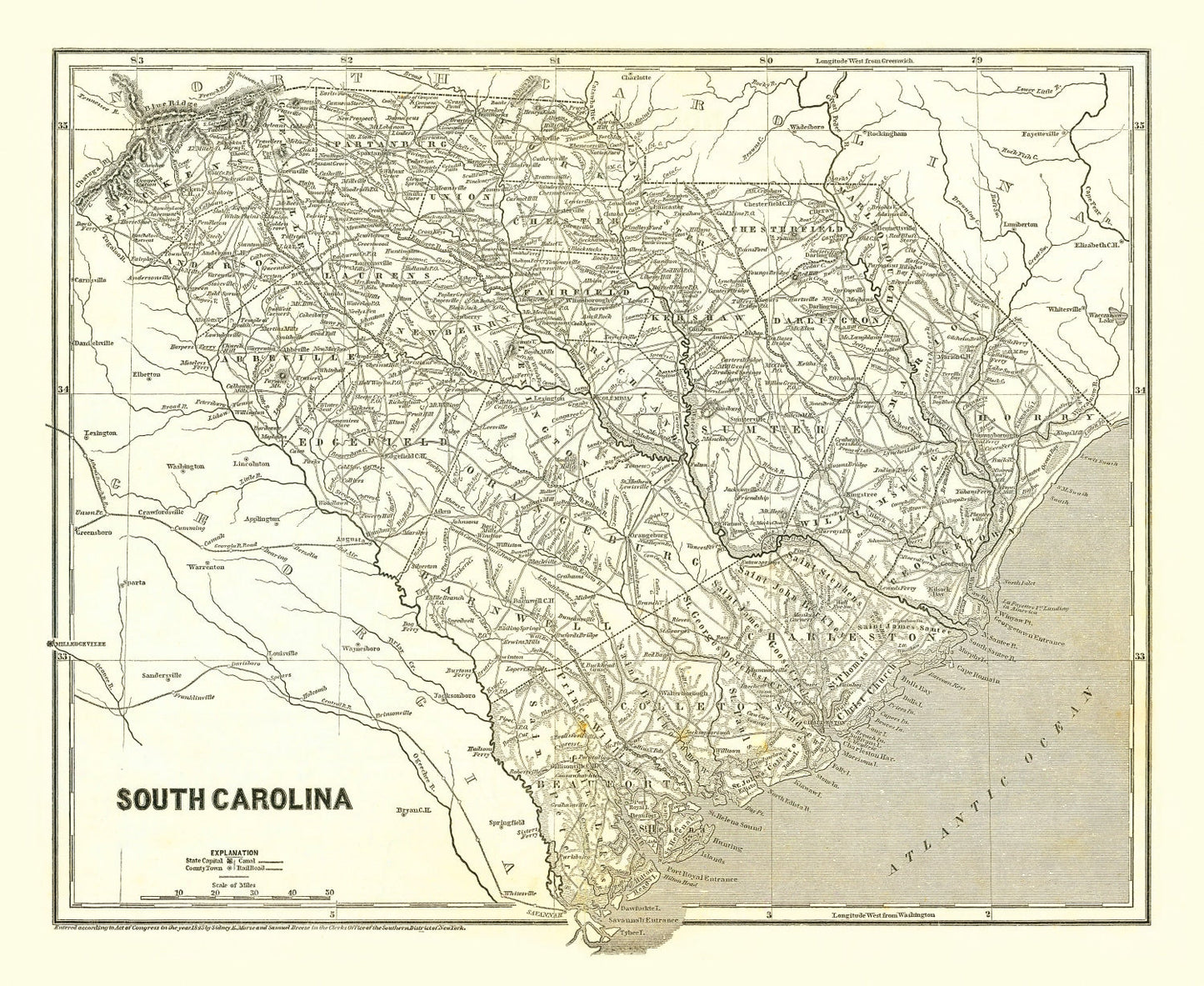 Vintage Map of South Carolina, 1843