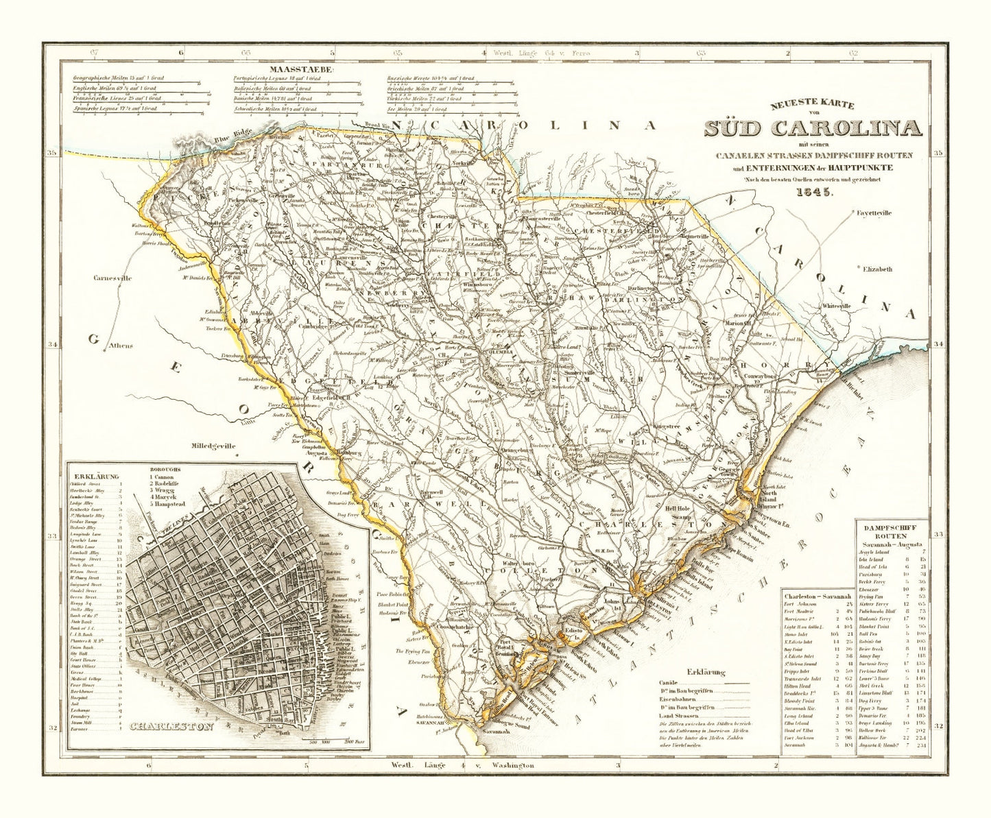 Vintage Map of South Carolina, 1845