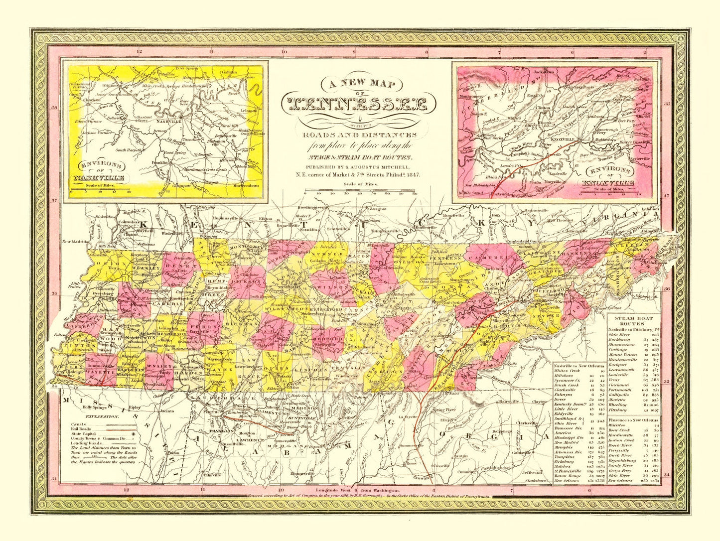 Vintage Map of Tennessee, 1847