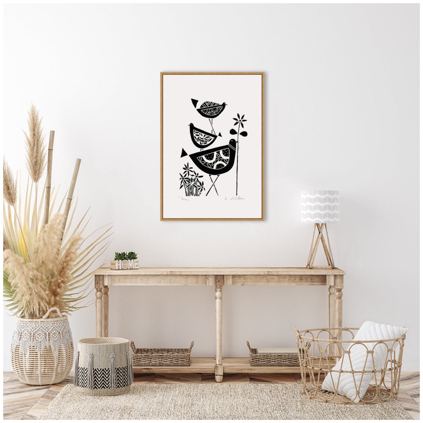 Folk Bird Family Trio Linocut Framed Canvas Wall Art